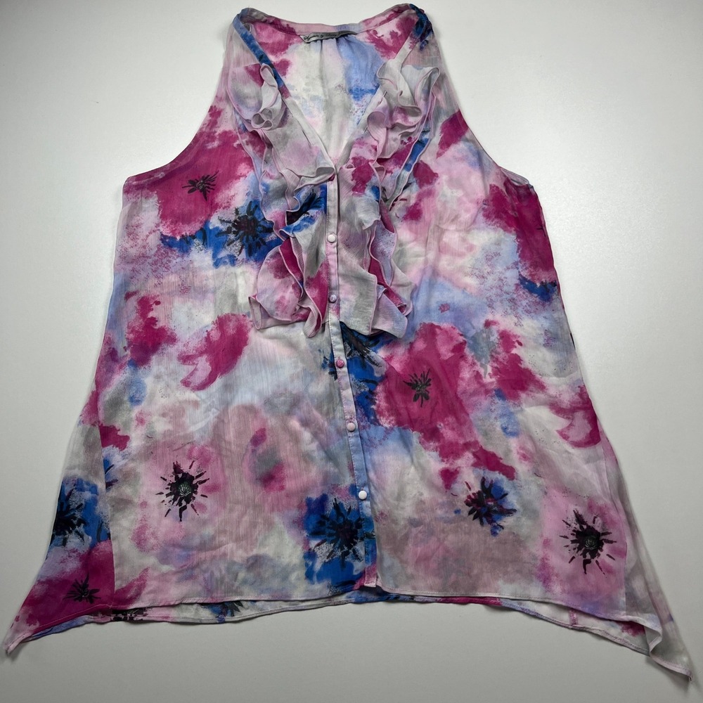 Signature Larry Levine Floral Ruffle V-Neck Blouse Size XL Pink Blue Chiffon Top